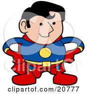 Strong Super Hero Man In A Red Yellow And Blue Uniform Standing With His Hands On His Hips