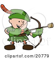 Poster, Art Print Of Happy Boy In A Green Robin Hood Costume Shooting An Arrow With A Cork On The Tip