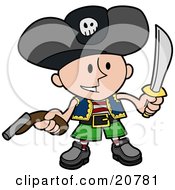 Happy Boy In A Pirates Costume Wearing A Jolly Roger Hat Holding A Pistil And A Sword