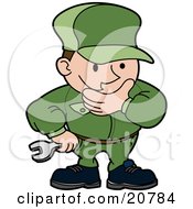 Engineer Mechanic Or Plumber Man In A Green Uniform Rubbing His Chin While In Thought And Holding A Wrench