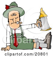 Clipart Illustration Of A Drunk Man At Oktoberfest Seated On The Ground And Holding Up A Beer Stein