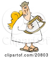 Clipart Illustration Of A Grinning Male Angel In A White Robe And Yellow Wings Playing A Lyre