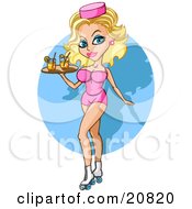 Clipart Picture of a Sexy And Busty Blond Pinup Waitress Woman In A Pink Uniform And Hat, Posing On Roller Skates And Serving Cocktails On A Tray by Holger Bogen #COLLC20820-0045