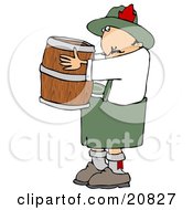 Oktoberfest Man In Costume Carrying A Wooden Beer Keg Barrel