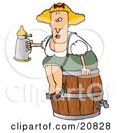 Tipsy Blond Oktoberfest Woman In Costume Sitting On A Wooden Beer Keg Barrel And Drinking From A Stein