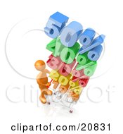 Clipart Picture Of An Orange Person Pushing A Shopping Cart With Stacked Colorful Discounts Up To 50 Percent