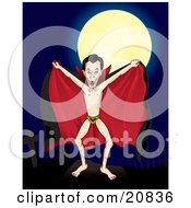 Clipart Illustration Of Count Dracula In The Nude Wearing Bat Underwear Holding His Cape Open And Standing In A Cemetery On A Full Moon