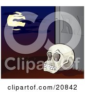Clipart Illustration Of A Human Skeleton Propped Up Against A Tombstone In A Cemetery Under A Full Moon