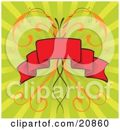 Clipart Illustration Of A Black Red Banner Over Elegant Orange Vines And A Green Striped Retro Revial Background