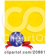 Poster, Art Print Of Elegant Blue Christmas Bauble With A White Snowflake Design Resting On A Red Ribbon Against A Yellow Snow Flake Background