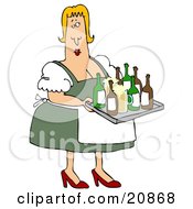 Clipart Illustration Of A Curvy Blond Oktoberfest Beer Maiden Woman Serving Beer In Mugs And Bottles