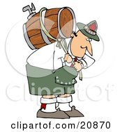Strong Oktoberfest Man In Costume Carrying A Heavy Wooden Beer Barrel Keg On His Back