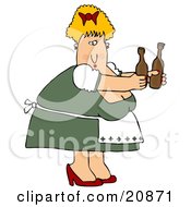 Clipart Illustration Of A Chubby Blond Oktoberfest Woman Serving Two Bottles Of Beer