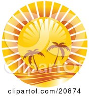 Clipart Illustration Of Two Silhouetted Palm Trees Along The Waters Edge Under A Bright Sun by elaineitalia #COLLC20874-0046