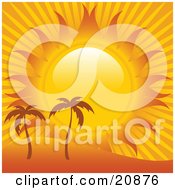 Poster, Art Print Of Heat From The Sun Shining Down On Two Palm Trees On A Sandy Landscape