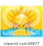 Clipart Illustration Of A Deserted Tropical Island With Two Trees In The Middle Of A Blue Ocean Under A Bright Orange Sun by elaineitalia