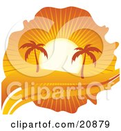 Poster, Art Print Of Palm Trees Silhouetted Under An Orange Sunset On A Tropical Beach