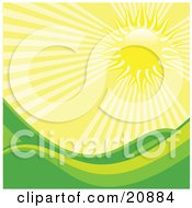 Poster, Art Print Of Bright Rays Of Light Beating Down On Rolling Green Hills In A Meadow