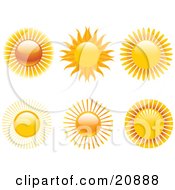 Poster, Art Print Of Collection Of 6 Hot Suns With Rays Over A White Background