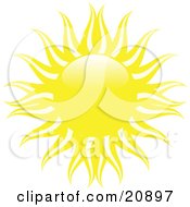 Poster, Art Print Of Bright Yellow Sun With White And Yellow Waves Of Heat Over A White Background