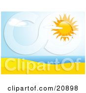 Poster, Art Print Of The Sun Shining Brightly In A Partly Cloudy Sky Over A Sandy Beach And The Ocean