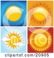 Poster, Art Print Of Four Scenes Of Bright Hot Suns In Blue Orange Red And Partially Cloudy Skies