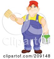 Friendly Chubby House Painter With A Bucket And Paintbrush