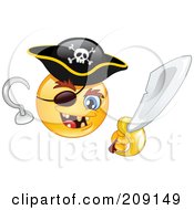 Poster, Art Print Of Yellow Smiley Face Pirate With A Hook Hand Sword And Eye Patch