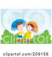Royalty Free RF Clipart Illustration Of A Boy And Girl Holding Hands And Walking With Umbrellas by mayawizard101