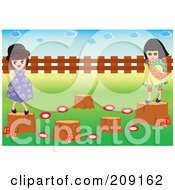 Royalty Free RF Clipart Illustration Of A Two Girls Playing On Tree Stumps