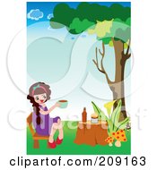 Poster, Art Print Of Girl Having Tea Time Outside On A Tree Stump