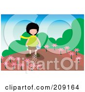 Poster, Art Print Of Girl Watering Pink Flowers In A Garden