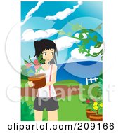 Poster, Art Print Of Young Woman Carrying A Potted Plant In A Garden
