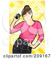 Poster, Art Print Of Happy Woman Bending Sideways At Her Hip And Holding Her Cell Phone