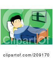 Poster, Art Print Of Sick Asian Man Resting In Bed With A Thermometer In His Mouth