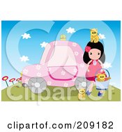 Poster, Art Print Of Girl Playing With Kittens By A Pink Car