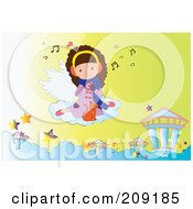 Little Girl And Cat Floating On A Cloud And Listening To Music