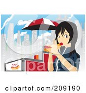 Asian Girl Eating A Hot Dog By A Cart In The City