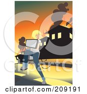Girl Carrying Her Computer And Running From A Blazing House