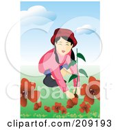 Poster, Art Print Of Girl Planting Red Flowers In A Garden