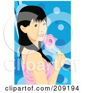 Black Haired Woman Holding A Pink Lolipop