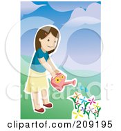 Poster, Art Print Of Girl Watering A Garden Of Colorful Flowers