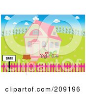 Poster, Art Print Of For Sale Sign By A House With A Pink Roof
