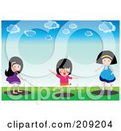 Royalty Free RF Clipart Illustration Of Three Girls Playing With A Jump Rope Outside