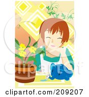 Poster, Art Print Of Woman With An Elephant Watering Can By Potted Flowers