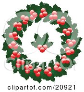 Poster, Art Print Of Christmas Wreath Made Of Holly Leaves And Berries With Holly In The Center Over A White Background