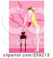 Royalty Free RF Clipart Illustration Of A Woman Bending To Water A Potted Plant