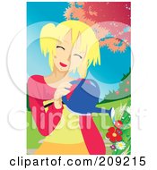 Poster, Art Print Of Happy Blond Woman Watering A Flower Garden