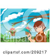Poster, Art Print Of Boy Watering Flowers In Hanging Planters