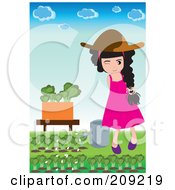 Girl Watering Lettuce In Her Garden